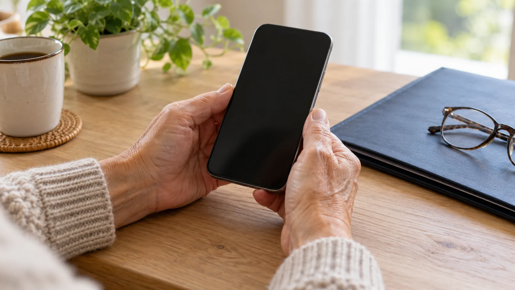 A person's hands holding a phone with a dark screen beside a closed folder and glasses.
