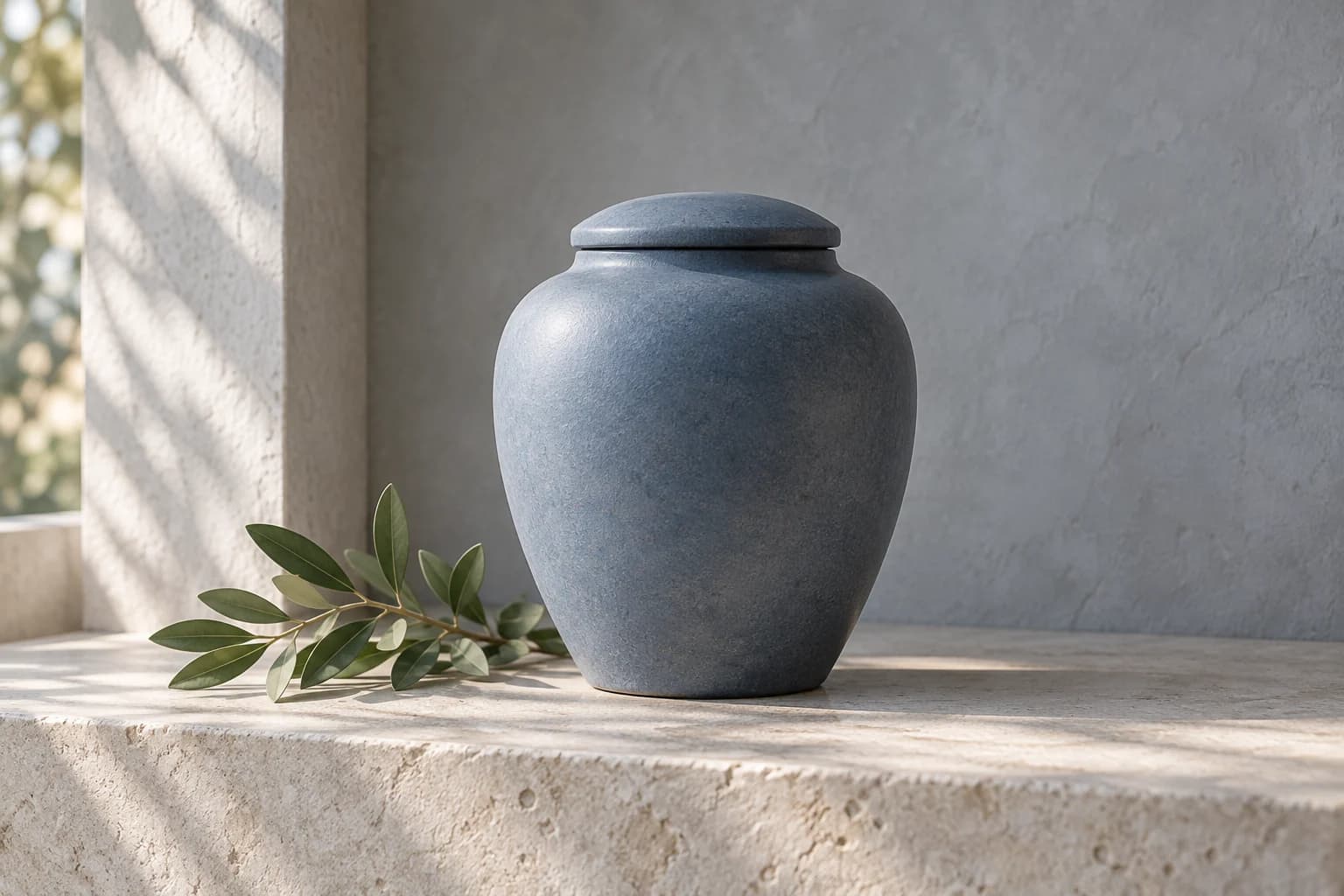 A simple blue ceramic urn with a small green branch on a pale stone ledge.