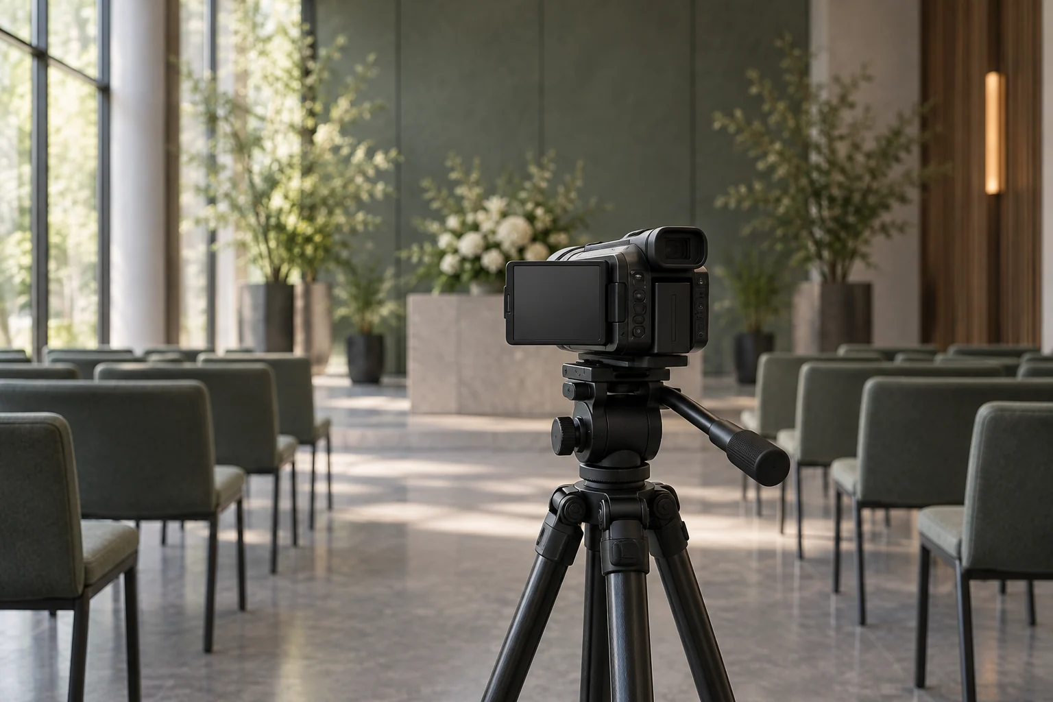 A video camera on a tripod at the back of an empty memorial room.