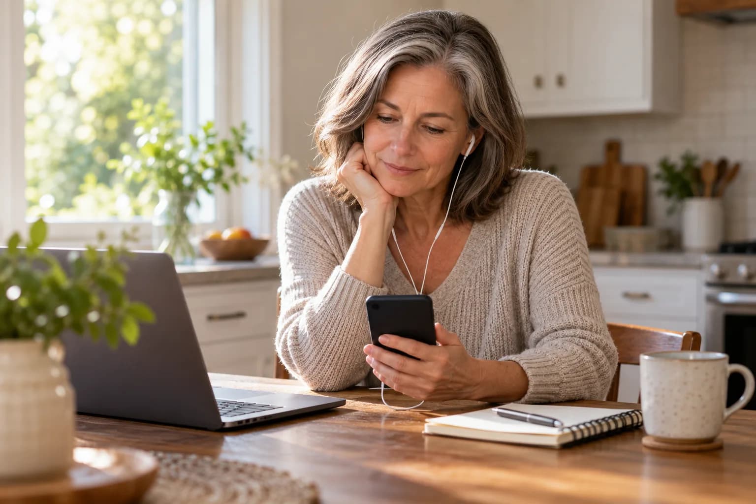A mature woman listening to a phone through earbuds at a kitchen table.