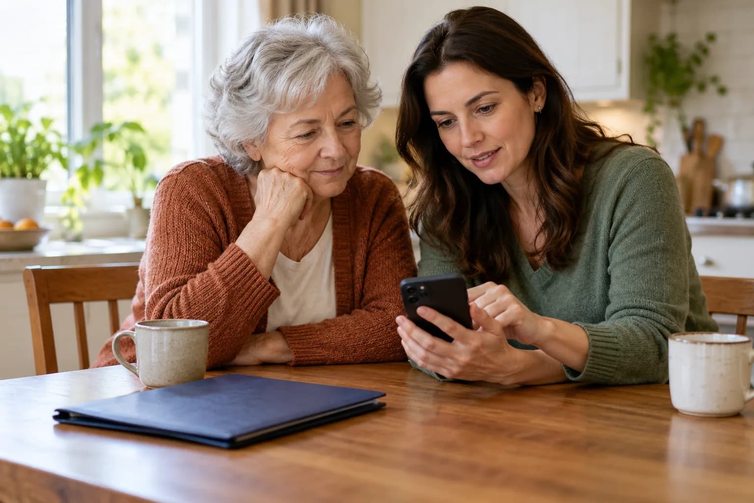 An older woman and an adult daughter discussing a phone at a kitchen table.